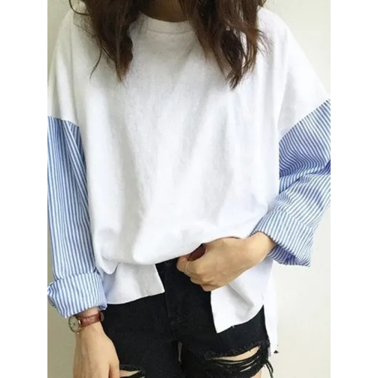 Striped Split-Joint Plus Size Loose Long Sleeve Shirt Tops Striped Split-Joint Plus Size Loose Long Sleeve Shirt Tops