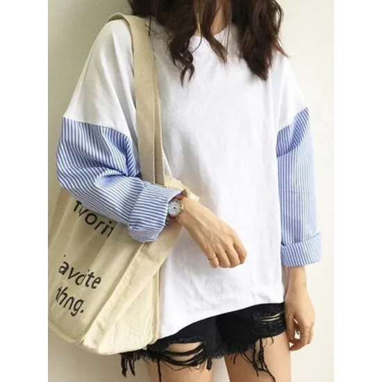 Striped Split-Joint Plus Size Loose Long Sleeve Shirt Tops Striped Split-Joint Plus Size Loose Long Sleeve Shirt Tops
