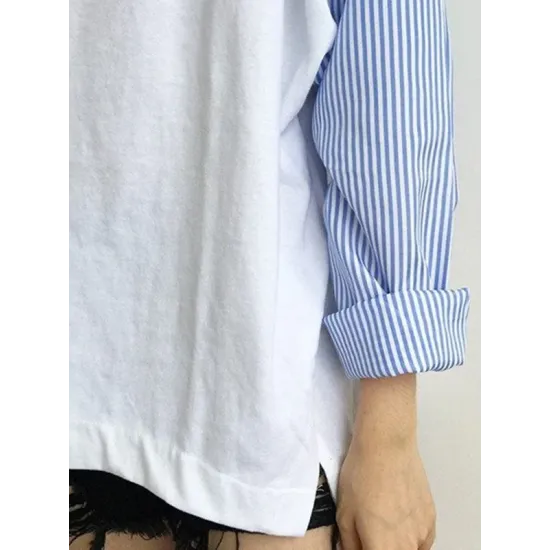 Striped Split-Joint Plus Size Loose Long Sleeve Shirt Tops Striped Split-Joint Plus Size Loose Long Sleeve Shirt Tops