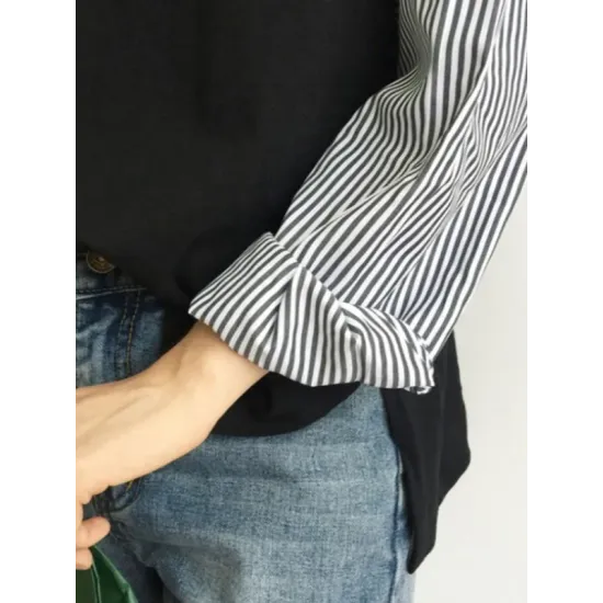 Striped Split-Joint Plus Size Loose Long Sleeve Shirt Tops Striped Split-Joint Plus Size Loose Long Sleeve Shirt Tops
