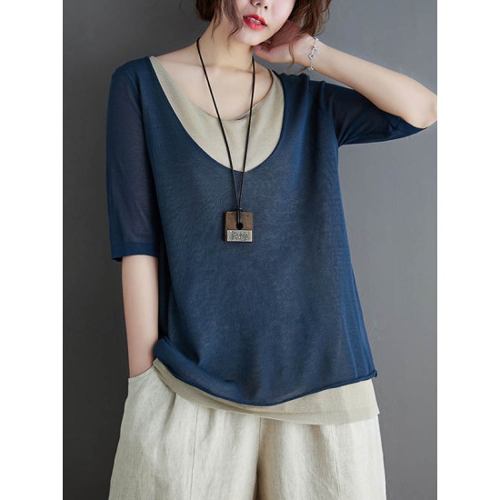 Artistic False Two Loose Ramie Cotton Half Sleeve Shirt Artistic False Two Loose Ramie Cotton Half Sleeve Shirt