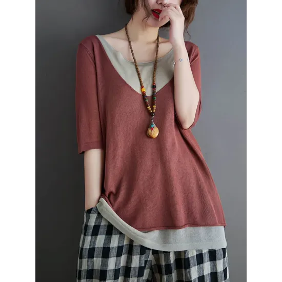 Artistic False Two Loose Ramie Cotton Half Sleeve Shirt Artistic False Two Loose Ramie Cotton Half Sleeve Shirt