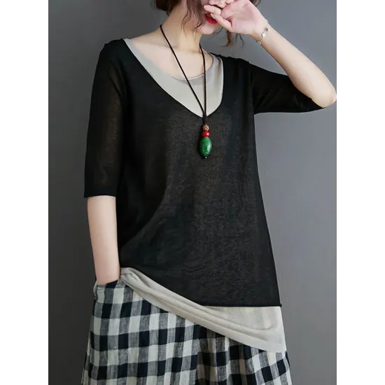 Artistic False Two Loose Ramie Cotton Half Sleeve Shirt Artistic False Two Loose Ramie Cotton Half Sleeve Shirt