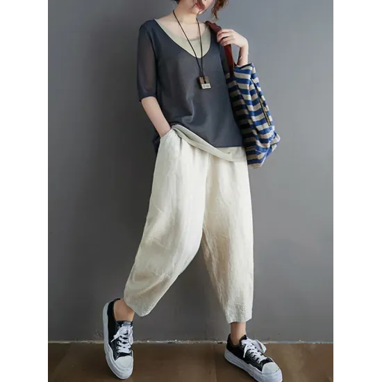 Artistic False Two Loose Ramie Cotton Half Sleeve Shirt Artistic False Two Loose Ramie Cotton Half Sleeve Shirt