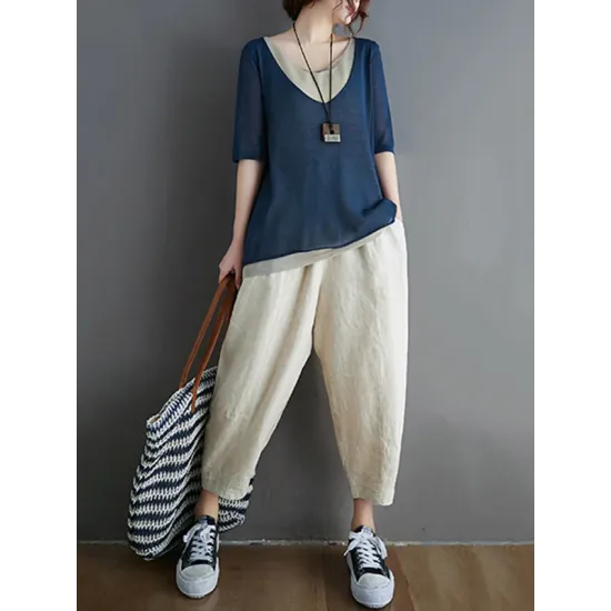 Artistic False Two Loose Ramie Cotton Half Sleeve Shirt Artistic False Two Loose Ramie Cotton Half Sleeve Shirt