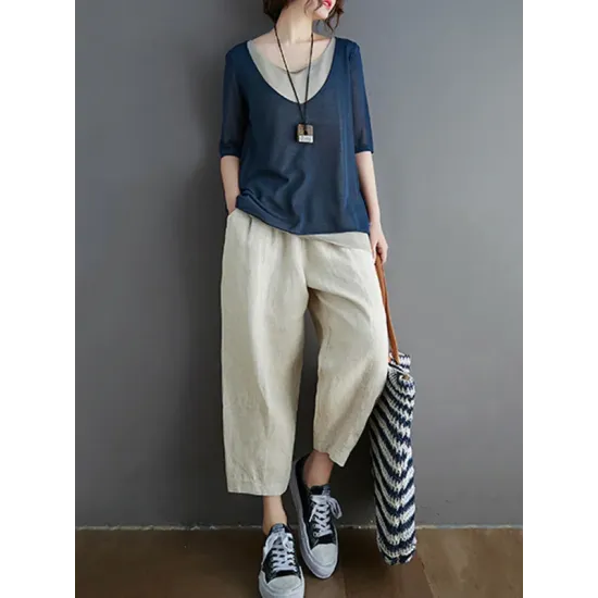 Artistic False Two Loose Ramie Cotton Half Sleeve Shirt Artistic False Two Loose Ramie Cotton Half Sleeve Shirt