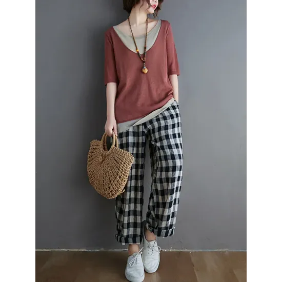 Artistic False Two Loose Ramie Cotton Half Sleeve Shirt Artistic False Two Loose Ramie Cotton Half Sleeve Shirt