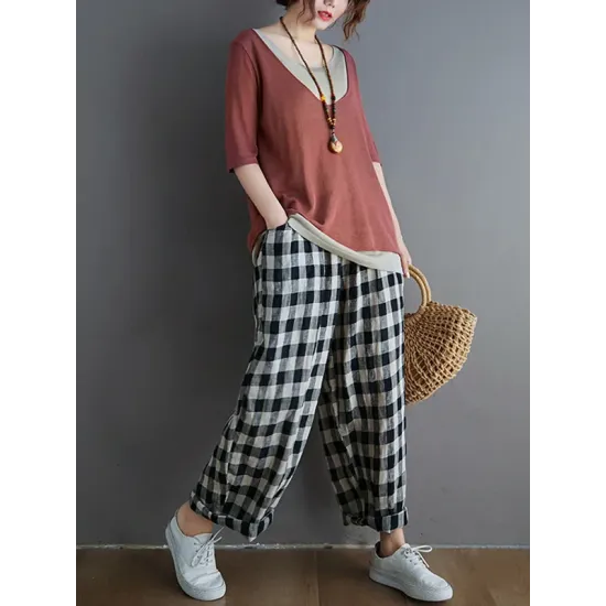 Artistic False Two Loose Ramie Cotton Half Sleeve Shirt Artistic False Two Loose Ramie Cotton Half Sleeve Shirt