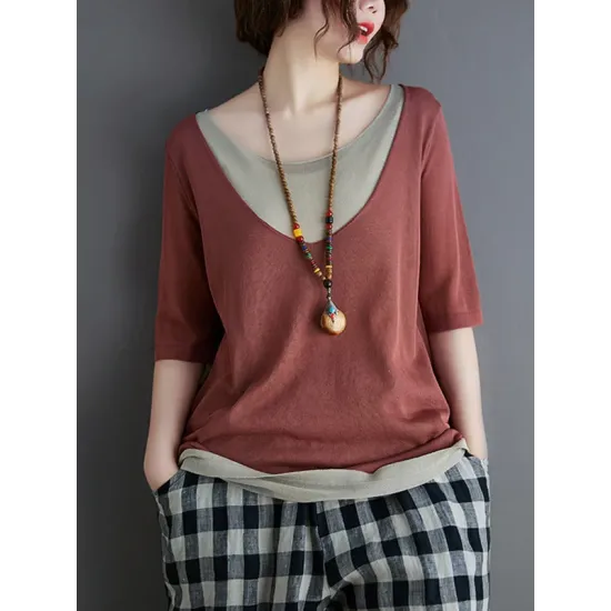 Artistic False Two Loose Ramie Cotton Half Sleeve Shirt Artistic False Two Loose Ramie Cotton Half Sleeve Shirt