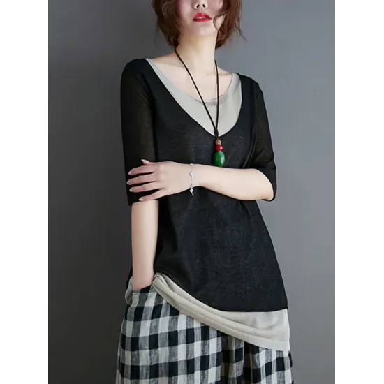 Artistic False Two Loose Ramie Cotton Half Sleeve Shirt Artistic False Two Loose Ramie Cotton Half Sleeve Shirt