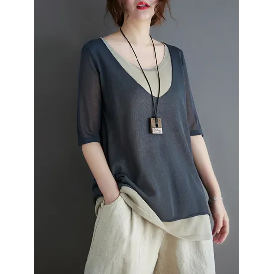 Artistic False Two Loose Ramie Cotton Half Sleeve Shirt Artistic False Two Loose Ramie Cotton Half Sleeve Shirt