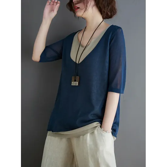 Artistic False Two Loose Ramie Cotton Half Sleeve Shirt Artistic False Two Loose Ramie Cotton Half Sleeve Shirt