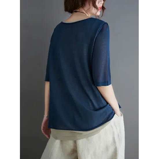Artistic False Two Loose Ramie Cotton Half Sleeve Shirt Artistic False Two Loose Ramie Cotton Half Sleeve Shirt