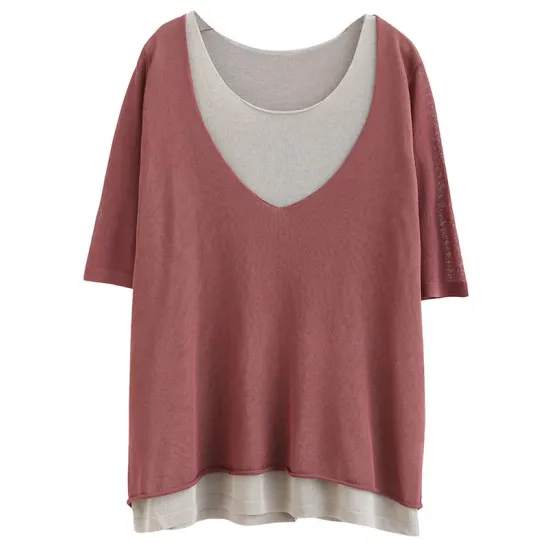Artistic False Two Loose Ramie Cotton Half Sleeve Shirt Artistic False Two Loose Ramie Cotton Half Sleeve Shirt