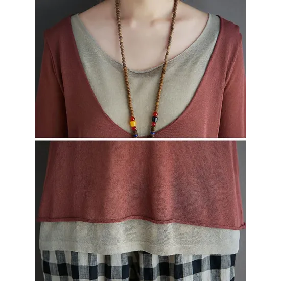 Artistic False Two Loose Ramie Cotton Half Sleeve Shirt Artistic False Two Loose Ramie Cotton Half Sleeve Shirt