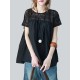 Vintage Solid Color Split-Joint Pleated Embroidered Hollow Lace Round-Neck Short Sleeves T-Shirt Vintage Solid Color Split-Joint Pleated Embroidered Hollow Lace Round-Neck Short Sleeves T-Shirt