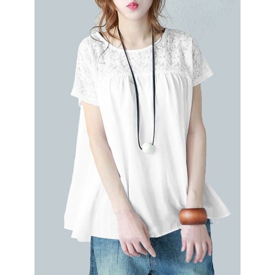 Vintage Solid Color Split-Joint Pleated Embroidered Hollow Lace Round-Neck Short Sleeves T-Shirt Vintage Solid Color Split-Joint Pleated Embroidered Hollow Lace Round-Neck Short Sleeves T-Shirt