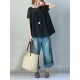 Vintage Solid Color Split-Joint Pleated Embroidered Hollow Lace Round-Neck Short Sleeves T-Shirt Vintage Solid Color Split-Joint Pleated Embroidered Hollow Lace Round-Neck Short Sleeves T-Shirt