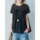 Vintage Solid Color Split-Joint Pleated Embroidered Hollow Lace Round-Neck Short Sleeves T-Shirt Vintage Solid Color Split-Joint Pleated Embroidered Hollow Lace Round-Neck Short Sleeves T-Shirt