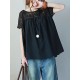 Vintage Solid Color Split-Joint Pleated Embroidered Hollow Lace Round-Neck Short Sleeves T-Shirt Vintage Solid Color Split-Joint Pleated Embroidered Hollow Lace Round-Neck Short Sleeves T-Shirt