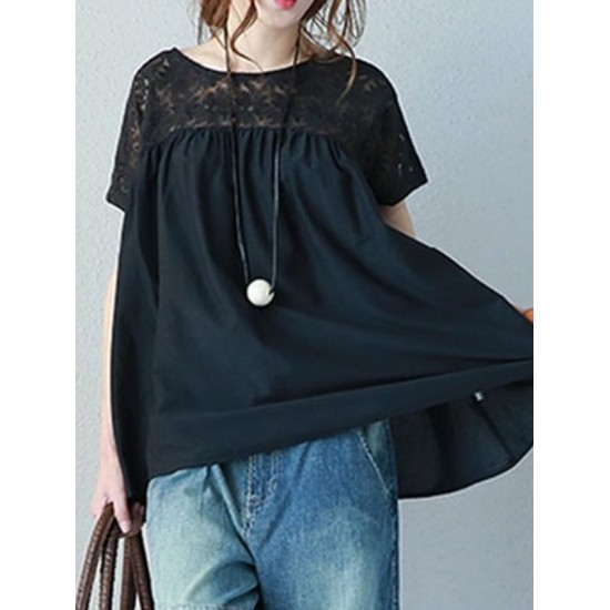 Vintage Solid Color Split-Joint Pleated Embroidered Hollow Lace Round-Neck Short Sleeves T-Shirt Vintage Solid Color Split-Joint Pleated Embroidered Hollow Lace Round-Neck Short Sleeves T-Shirt