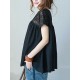 Vintage Solid Color Split-Joint Pleated Embroidered Hollow Lace Round-Neck Short Sleeves T-Shirt Vintage Solid Color Split-Joint Pleated Embroidered Hollow Lace Round-Neck Short Sleeves T-Shirt