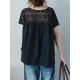 Vintage Solid Color Split-Joint Pleated Embroidered Hollow Lace Round-Neck Short Sleeves T-Shirt Vintage Solid Color Split-Joint Pleated Embroidered Hollow Lace Round-Neck Short Sleeves T-Shirt