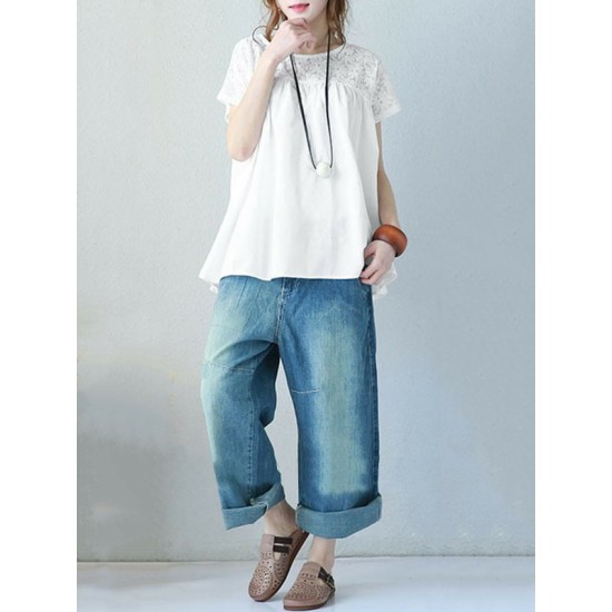 Vintage Solid Color Split-Joint Pleated Embroidered Hollow Lace Round-Neck Short Sleeves T-Shirt Vintage Solid Color Split-Joint Pleated Embroidered Hollow Lace Round-Neck Short Sleeves T-Shirt