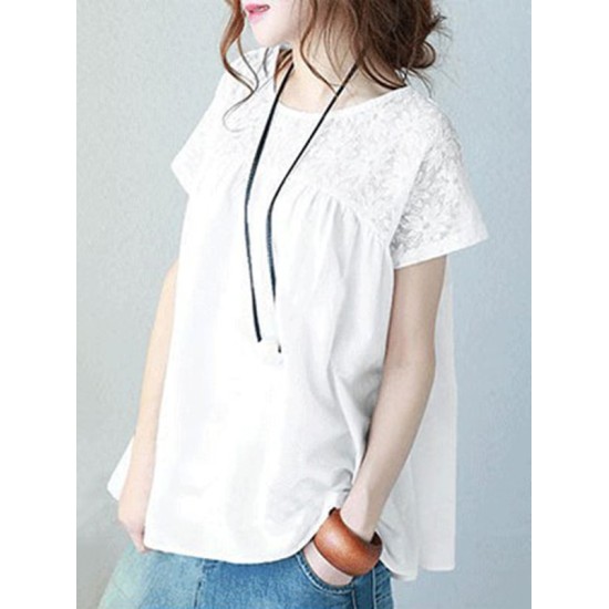 Vintage Solid Color Split-Joint Pleated Embroidered Hollow Lace Round-Neck Short Sleeves T-Shirt Vintage Solid Color Split-Joint Pleated Embroidered Hollow Lace Round-Neck Short Sleeves T-Shirt