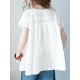 Vintage Solid Color Split-Joint Pleated Embroidered Hollow Lace Round-Neck Short Sleeves T-Shirt Vintage Solid Color Split-Joint Pleated Embroidered Hollow Lace Round-Neck Short Sleeves T-Shirt