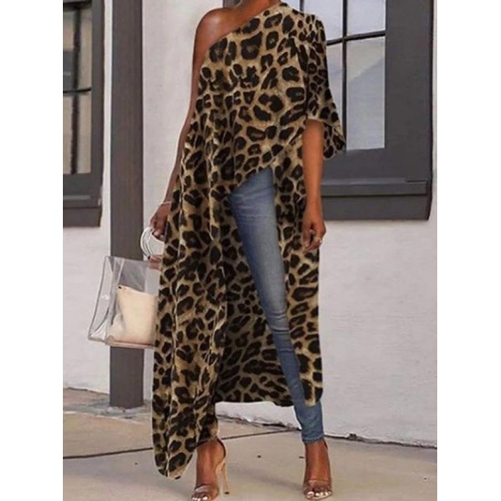 Stylish Leopard Printed Asymmetric One-Shoulder Loose T-Shirt Tops Stylish Leopard Printed Asymmetric One-Shoulder Loose T-Shirt Tops