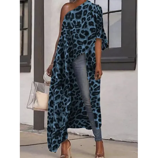 Stylish Leopard Printed Asymmetric One-Shoulder Loose T-Shirt Tops Stylish Leopard Printed Asymmetric One-Shoulder Loose T-Shirt Tops