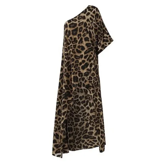 Stylish Leopard Printed Asymmetric One-Shoulder Loose T-Shirt Tops Stylish Leopard Printed Asymmetric One-Shoulder Loose T-Shirt Tops