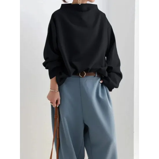 Casual Solid Color High-Neck Long Sleeves T-Shirt Casual Solid Color High-Neck Long Sleeves T-Shirt