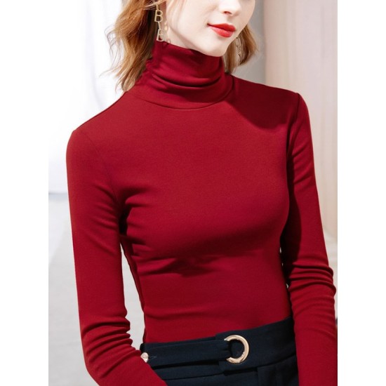 Simple 9 Colors High-Neck Long Sleeves T-Shirt Top Simple 9 Colors High-Neck Long Sleeves T-Shirt Top