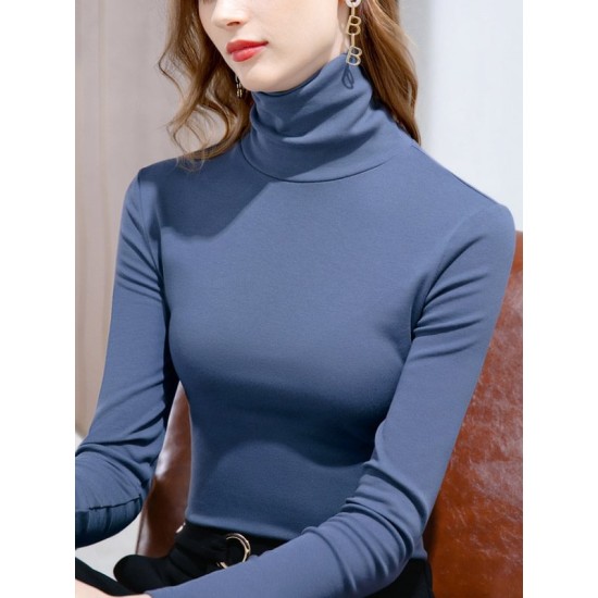 Simple 9 Colors High-Neck Long Sleeves T-Shirt Top Simple 9 Colors High-Neck Long Sleeves T-Shirt Top