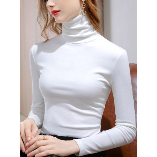 Simple 9 Colors High-Neck Long Sleeves T-Shirt Top Simple 9 Colors High-Neck Long Sleeves T-Shirt Top