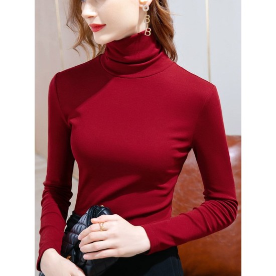 Simple 9 Colors High-Neck Long Sleeves T-Shirt Top Simple 9 Colors High-Neck Long Sleeves T-Shirt Top