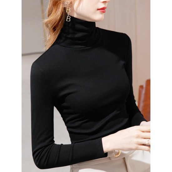 Simple 9 Colors High-Neck Long Sleeves T-Shirt Top Simple 9 Colors High-Neck Long Sleeves T-Shirt Top