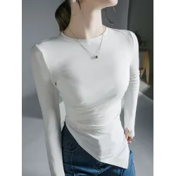 Asymmetric Pleated Solid Color Long Sleeves Skinny Round-Neck T-Shirts Tops