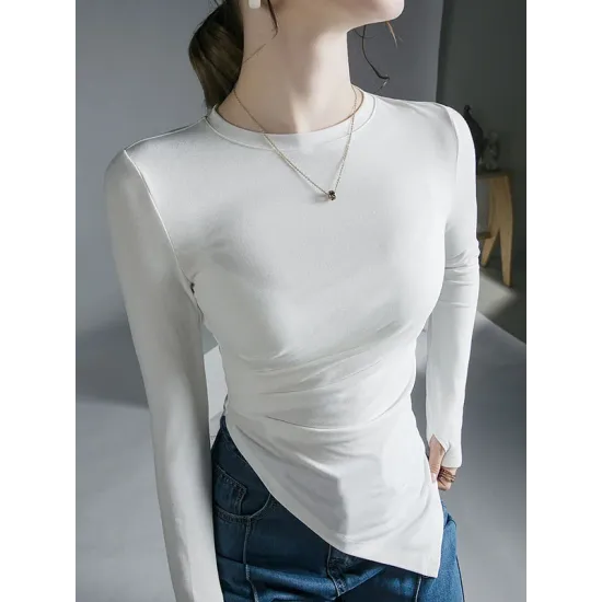 Asymmetric Pleated Solid Color Long Sleeves Skinny Round-Neck T-Shirts Tops Asymmetric Pleated Solid Color Long Sleeves Skinny Round-Neck T-Shirts Tops