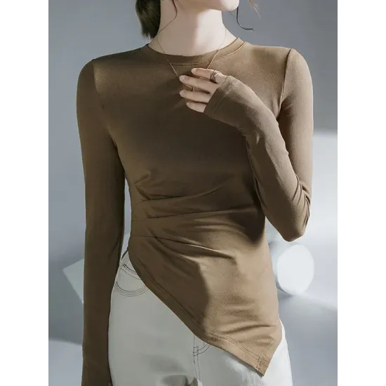 Asymmetric Pleated Solid Color Long Sleeves Skinny Round-Neck T-Shirts Tops Asymmetric Pleated Solid Color Long Sleeves Skinny Round-Neck T-Shirts Tops