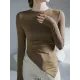 Asymmetric Pleated Solid Color Long Sleeves Skinny Round-Neck T-Shirts Tops Asymmetric Pleated Solid Color Long Sleeves Skinny Round-Neck T-Shirts Tops