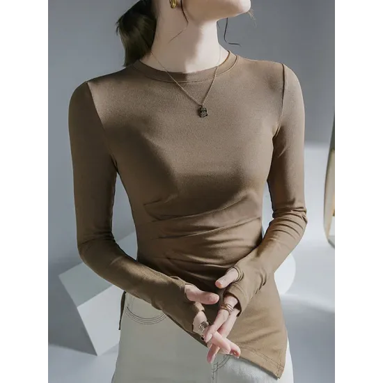 Asymmetric Pleated Solid Color Long Sleeves Skinny Round-Neck T-Shirts Tops Asymmetric Pleated Solid Color Long Sleeves Skinny Round-Neck T-Shirts Tops