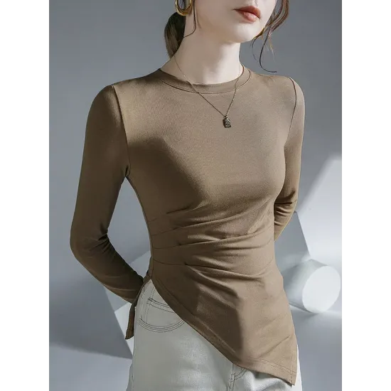 Asymmetric Pleated Solid Color Long Sleeves Skinny Round-Neck T-Shirts Tops Asymmetric Pleated Solid Color Long Sleeves Skinny Round-Neck T-Shirts Tops