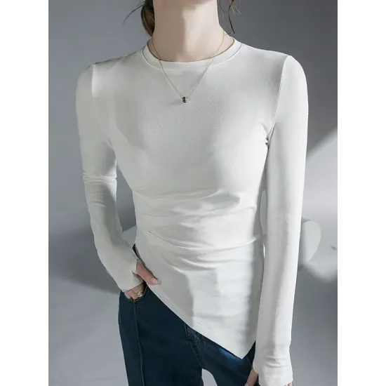 Asymmetric Pleated Solid Color Long Sleeves Skinny Round-Neck T-Shirts Tops Asymmetric Pleated Solid Color Long Sleeves Skinny Round-Neck T-Shirts Tops
