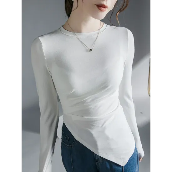 Asymmetric Pleated Solid Color Long Sleeves Skinny Round-Neck T-Shirts Tops Asymmetric Pleated Solid Color Long Sleeves Skinny Round-Neck T-Shirts Tops