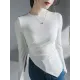 Asymmetric Pleated Solid Color Long Sleeves Skinny Round-Neck T-Shirts Tops Asymmetric Pleated Solid Color Long Sleeves Skinny Round-Neck T-Shirts Tops