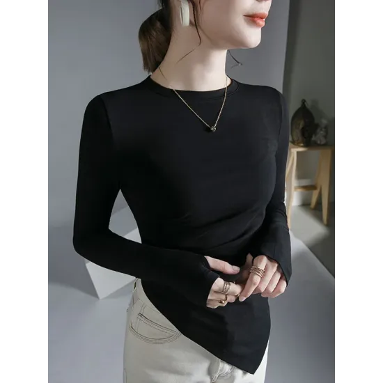 Asymmetric Pleated Solid Color Long Sleeves Skinny Round-Neck T-Shirts Tops Asymmetric Pleated Solid Color Long Sleeves Skinny Round-Neck T-Shirts Tops