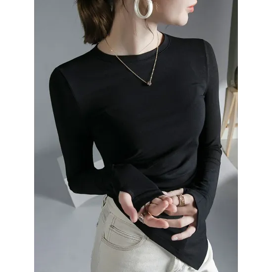 Asymmetric Pleated Solid Color Long Sleeves Skinny Round-Neck T-Shirts Tops Asymmetric Pleated Solid Color Long Sleeves Skinny Round-Neck T-Shirts Tops